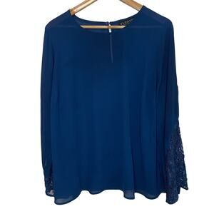 Eloquii Blue Blouse 16 Womens Plus Lace Lightweight Sheer Keyhole Career